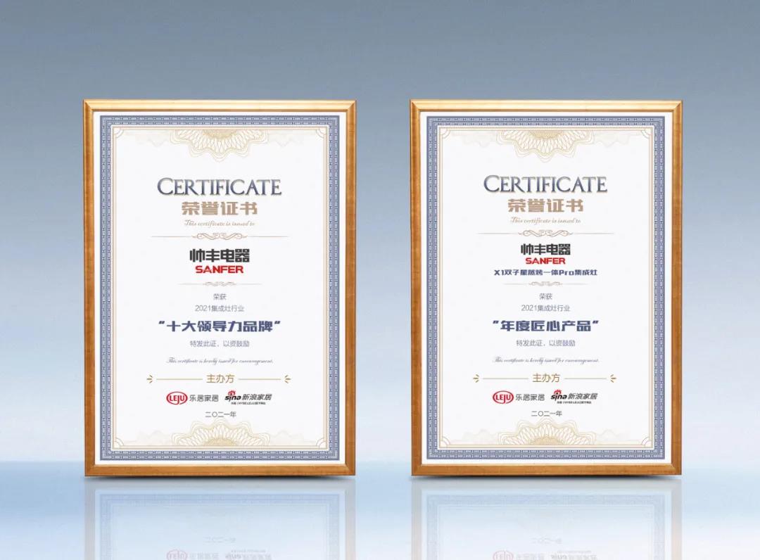 喜報！帥豐榮獲新浪家居2021集成灶行業(yè)“十大領(lǐng)導(dǎo)力品牌”和“年度匠心產(chǎn)品”雙獎殊榮