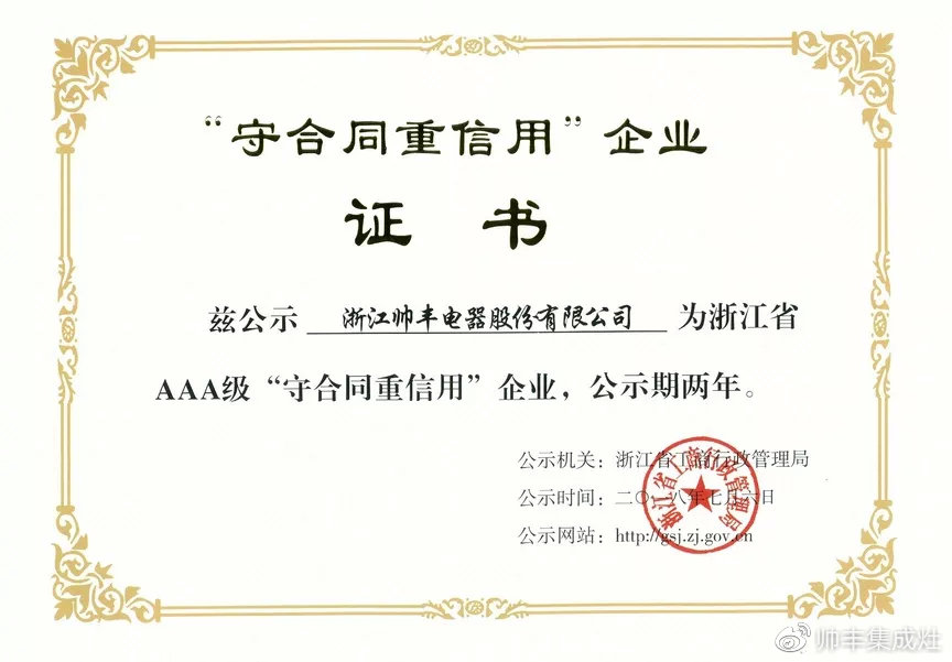 榮譽(yù)再加冕！帥豐電器榮獲浙江省AAA級(jí)“守合同重信用”企業(yè)