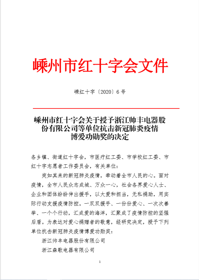 企業(yè)新聞 | 抗擊疫情貢獻(xiàn)突出，帥豐被授予博愛功勛獎(jiǎng)