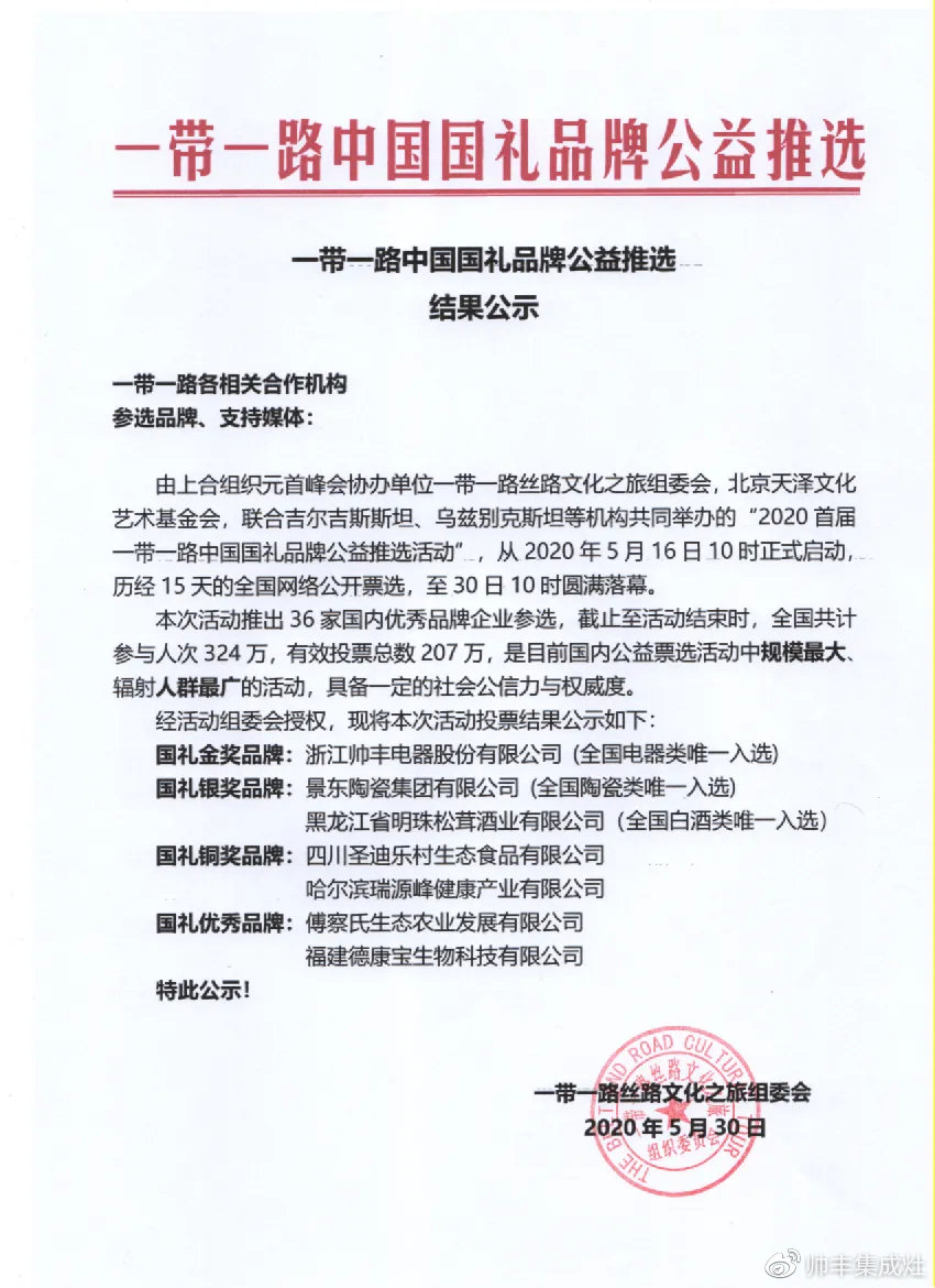 喜報(bào) | 行業(yè)唯一！帥豐集成灶獲一帶一路國禮金獎(jiǎng)品牌